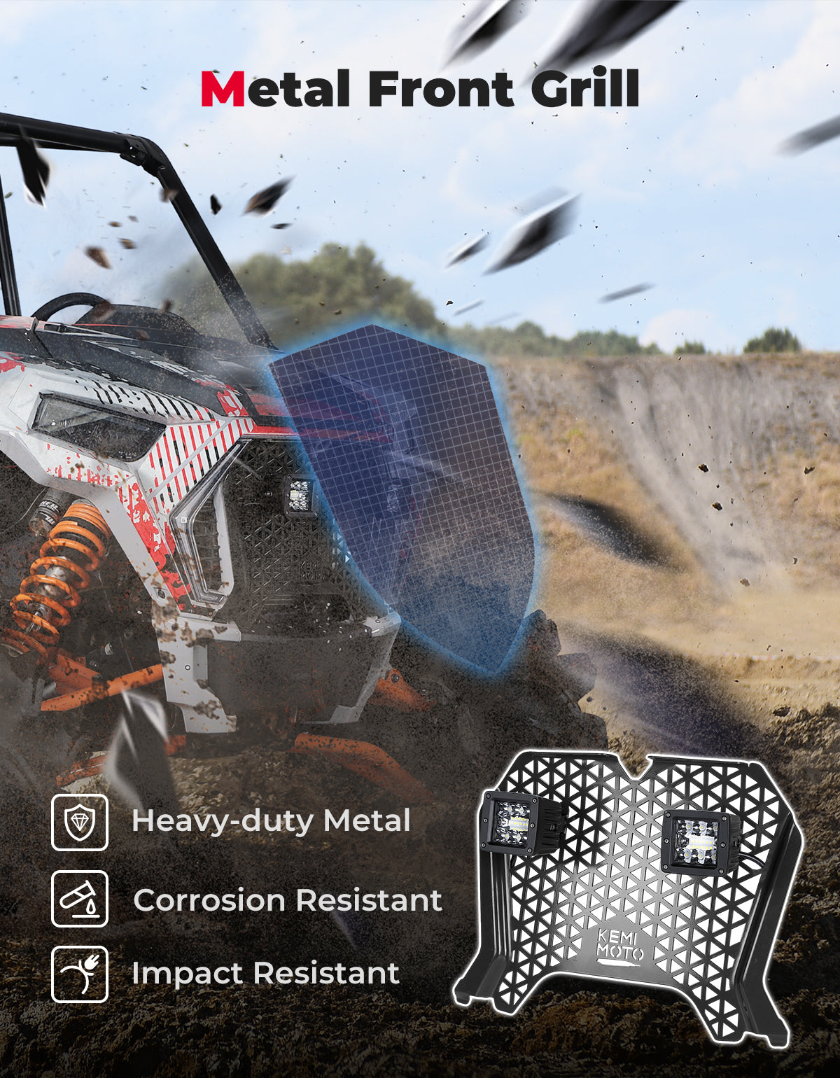 Photo of UTV Metal Front Grill Light for Polaris RZR XP 1000/Turbo by Kemimoto - Premium for UTVs / Side by Sides