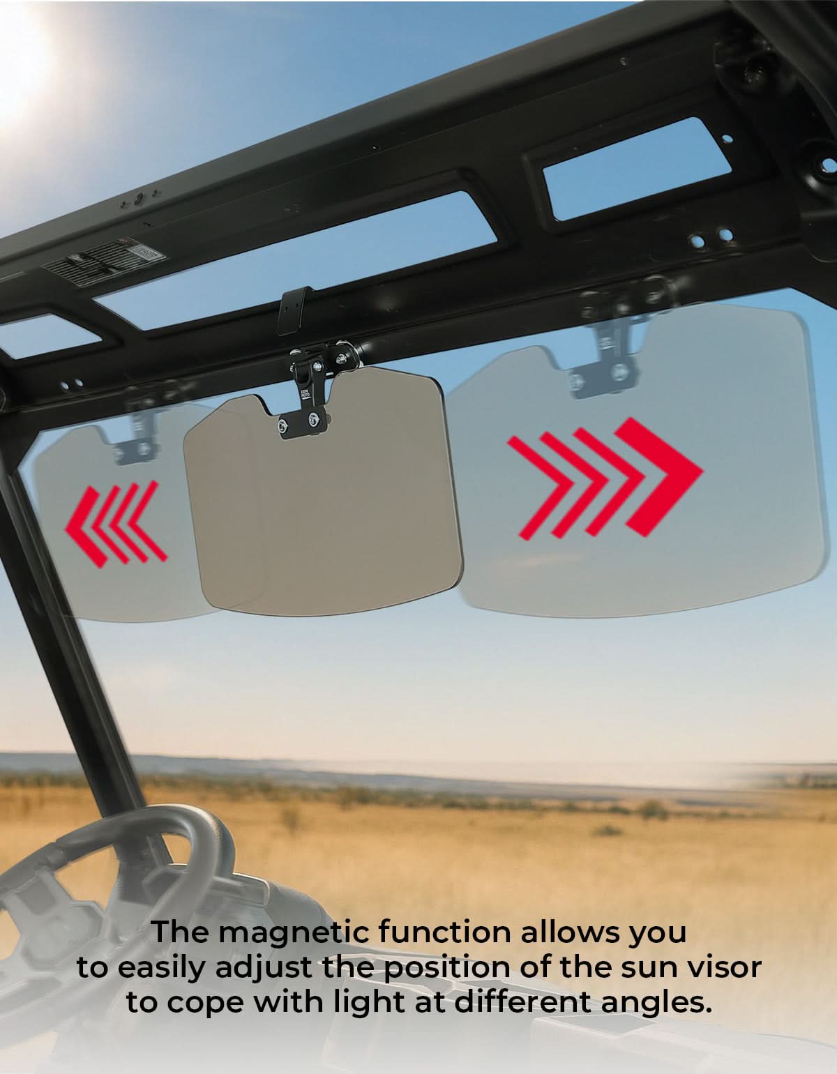 Photo of UTV Magnetic Sun Visor for Most Vehicles with pro-fit bar or Metal roof and crossbars by Kemimoto - Premium for UTVs / Side by Sides