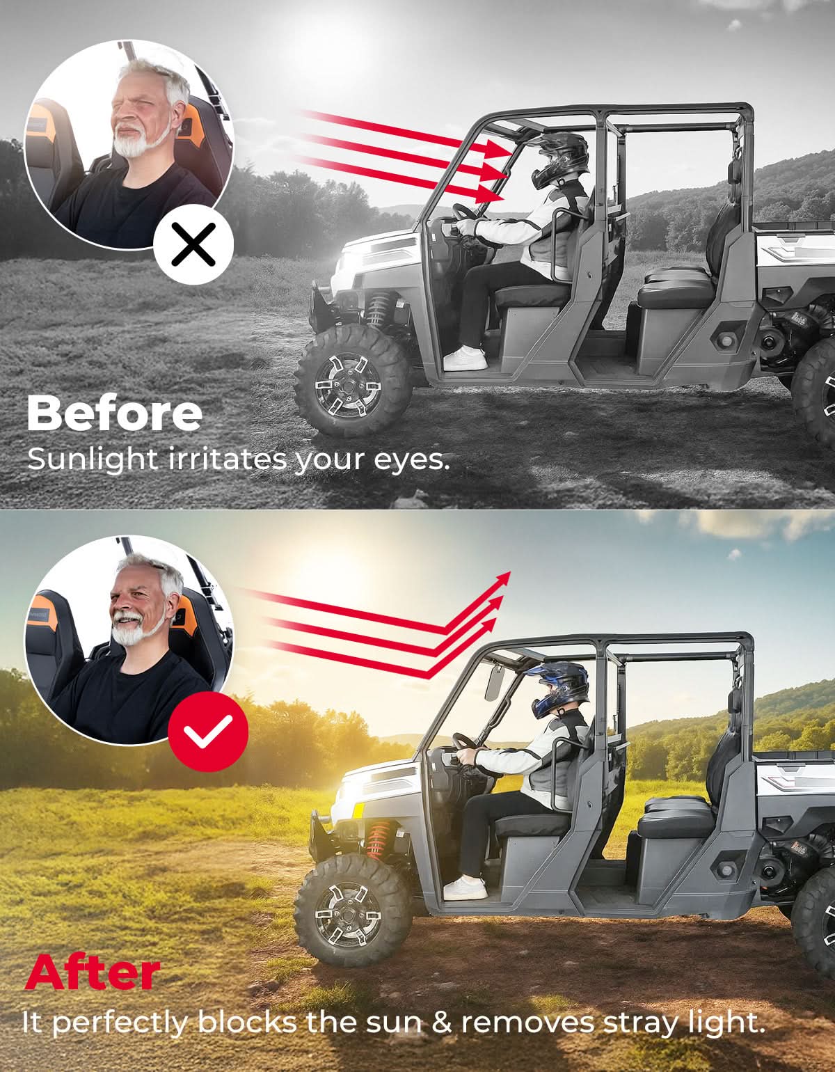 Photo of UTV Magnetic Sun Visor for Most Vehicles with pro-fit bar or Metal roof and crossbars by Kemimoto - Premium for UTVs / Side by Sides