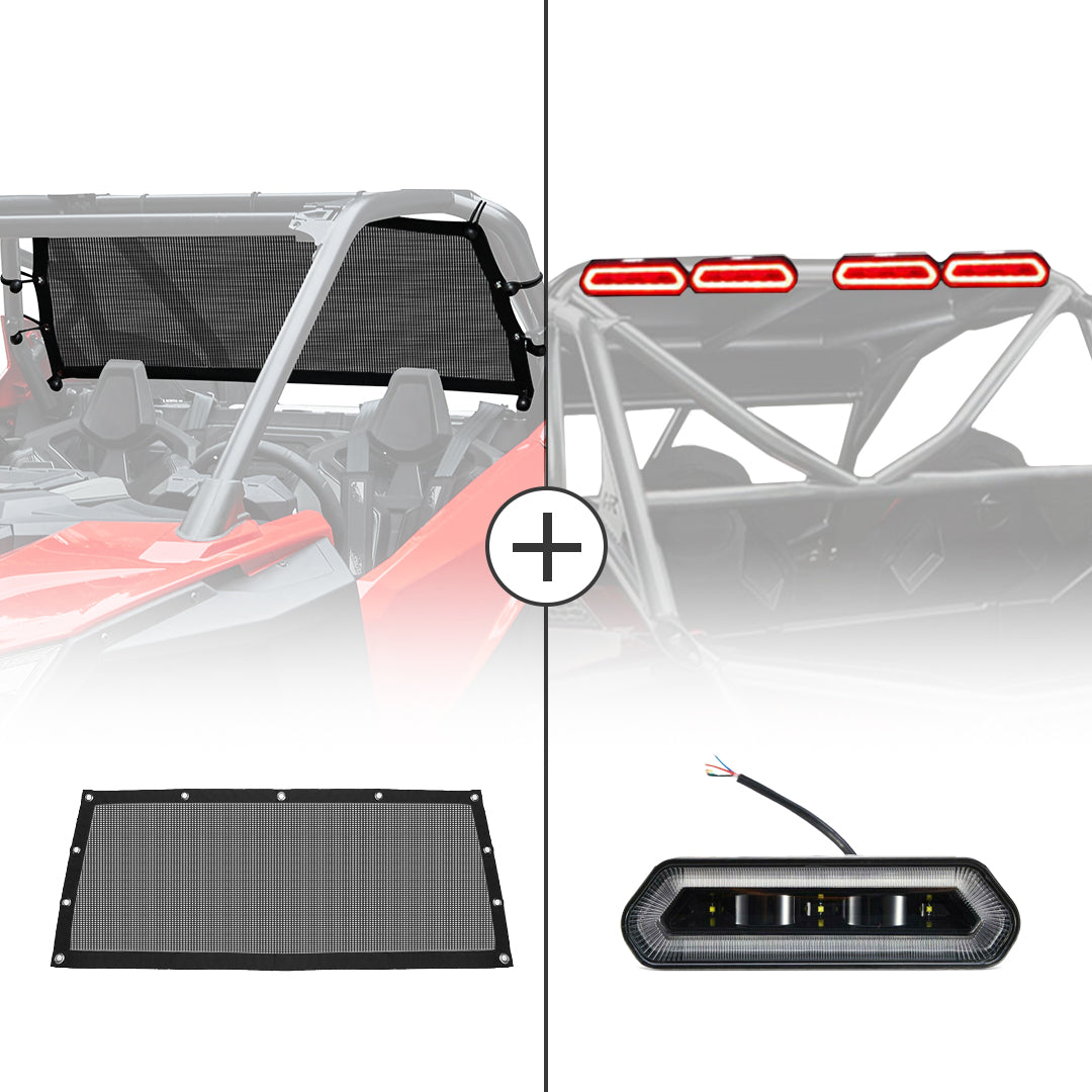 Photo of Soft Rear Window Net & Universal Roll Bar Tail Light for RZR PRO XP by Kemimoto - Premium for UTVs / Side by Sides