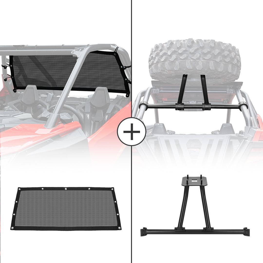 Photo of Soft Rear Window Net & Spare Tire Carrier for Polaris RZR PRO XP 2020-2024 by Kemimoto - Premium for UTVs / Side by Sides