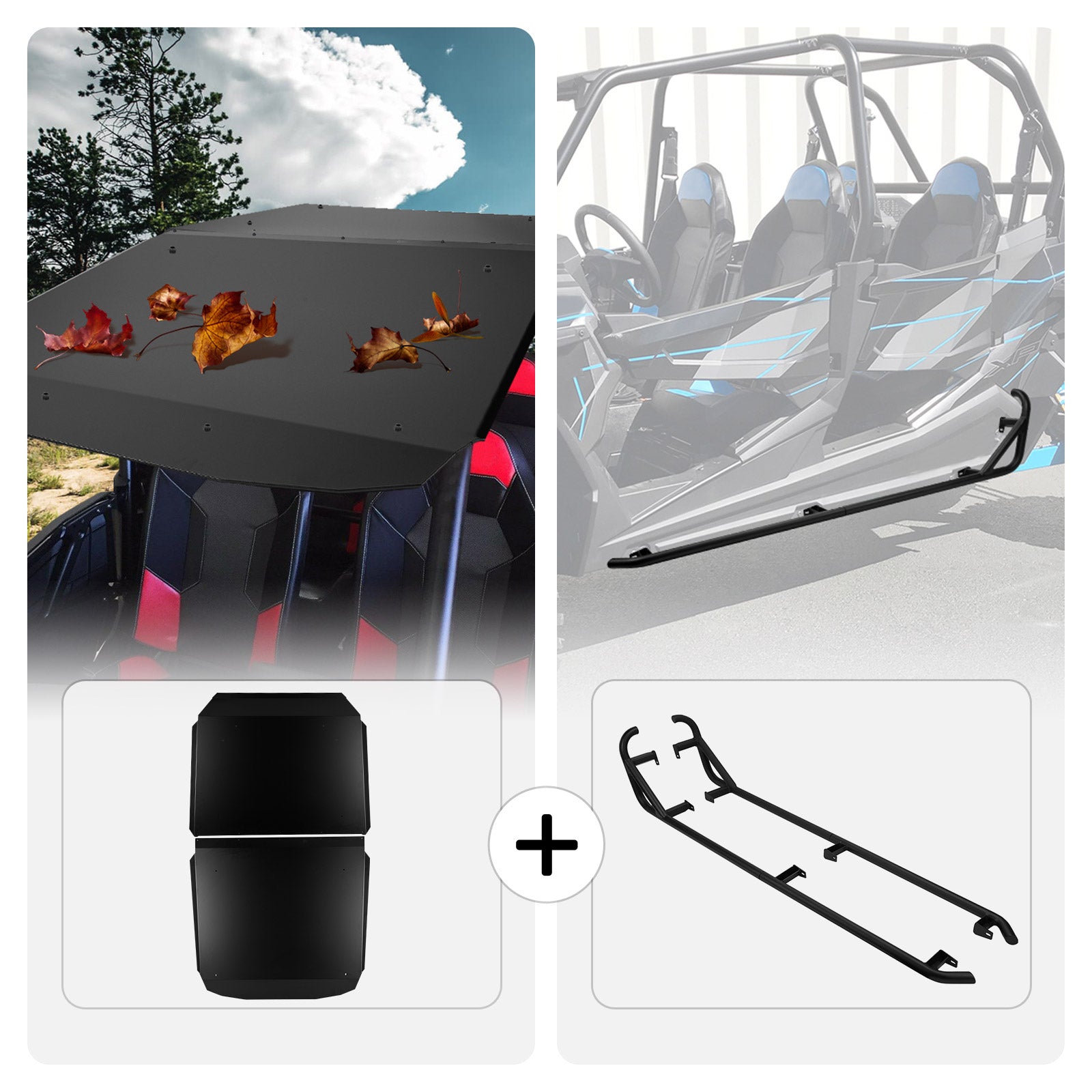 Photo of Aluminum Roof & 4 Steel Side Steps Nerf Bars For Polaris RZR by Kemimoto - Premium for UTVs / Side by Sides