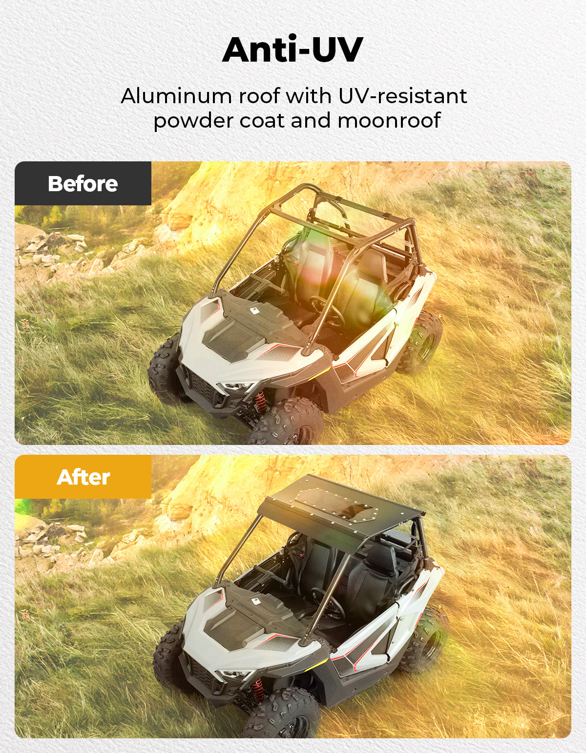 Photo of UTV Aluminum Roof with Fixed Sunroof for Polaris RZR 200 2022-2025 by Kemimoto - Premium for UTVs / Side by Sides