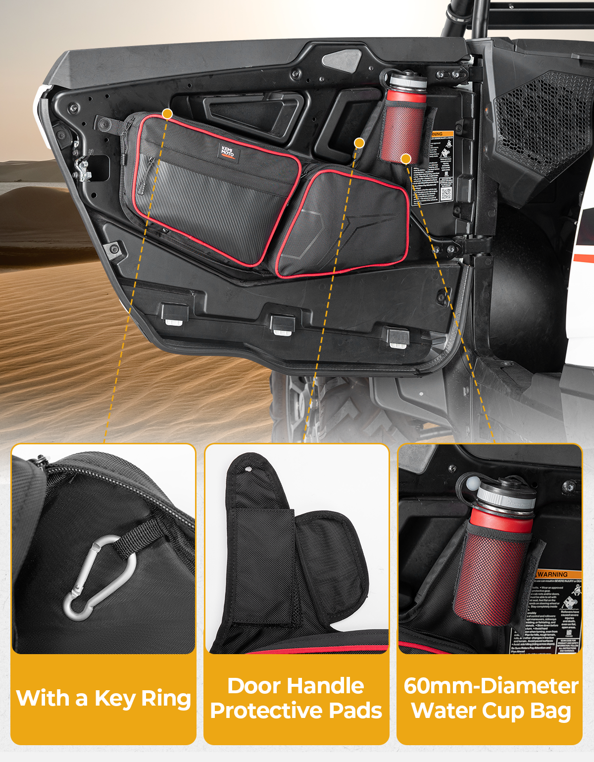 Photo of UTV Front Side Door Bags for Polaris RZR, Red by Kemimoto - Premium for UTVs / Side by Sides