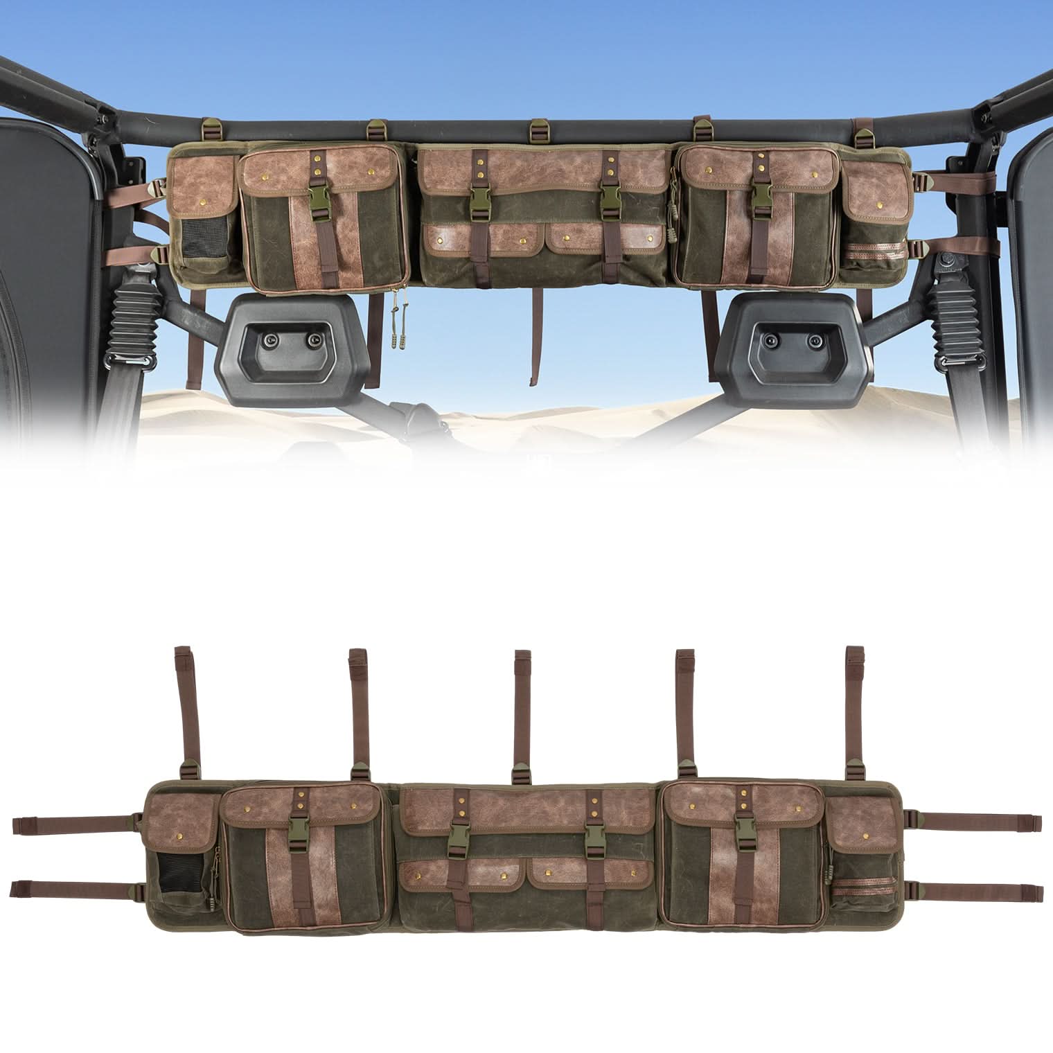 Photo of UTV Roll Cage Organizer Bag Leather for Ranger RZR Pioneer Talon Defender by Kemimoto - Premium for UTVs / Side by Sides