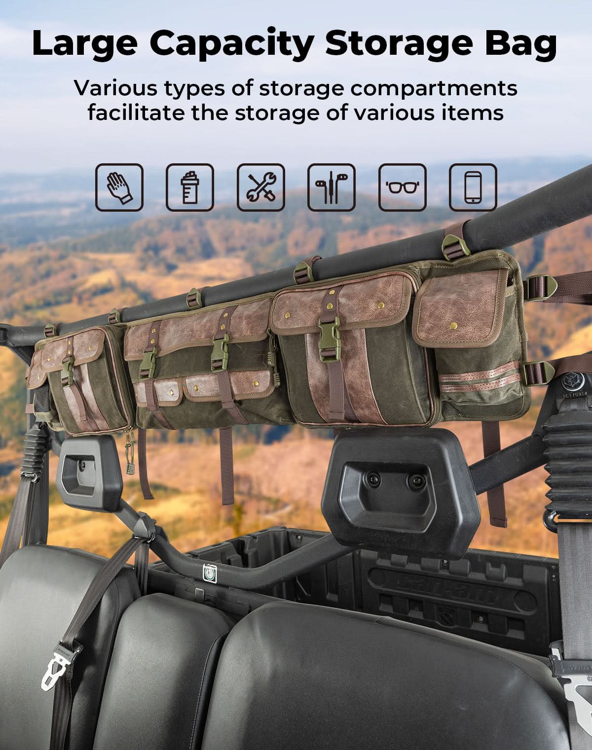 Photo of UTV Roll Cage Organizer Bag Leather for Ranger RZR Pioneer Talon Defender by Kemimoto - Premium for UTVs / Side by Sides