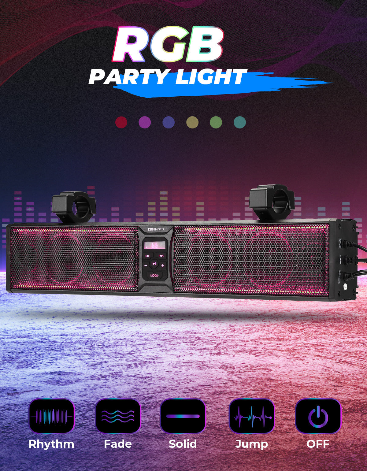 Photo of 6 Speaker 26 Inch RGB Bluetooth Sound Bar for Can Am Maverick/X3/ Trail/ Defender/ Commander by Kemimoto - Premium for UTVs / Side by Sides