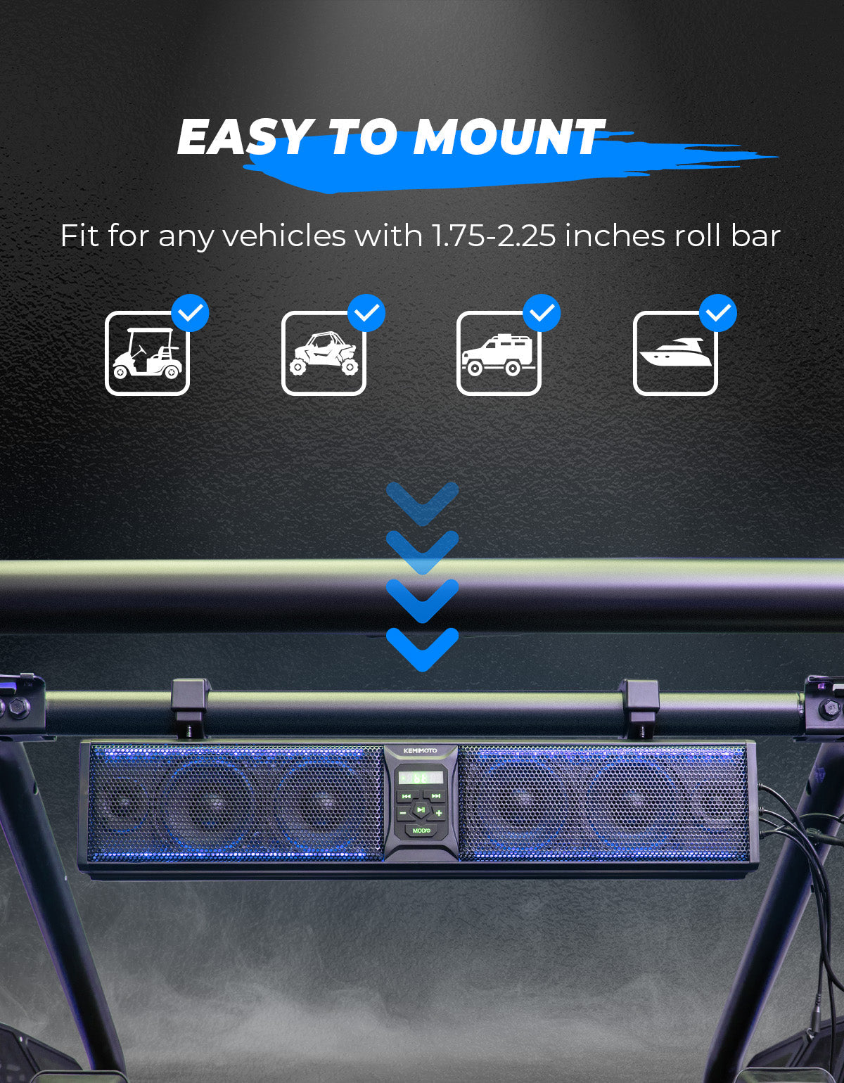 Photo of 6 Speaker 26 Inch RGB Bluetooth Sound Bar for Can Am Maverick/X3/ Trail/ Defender/ Commander by Kemimoto - Premium for UTVs / Side by Sides