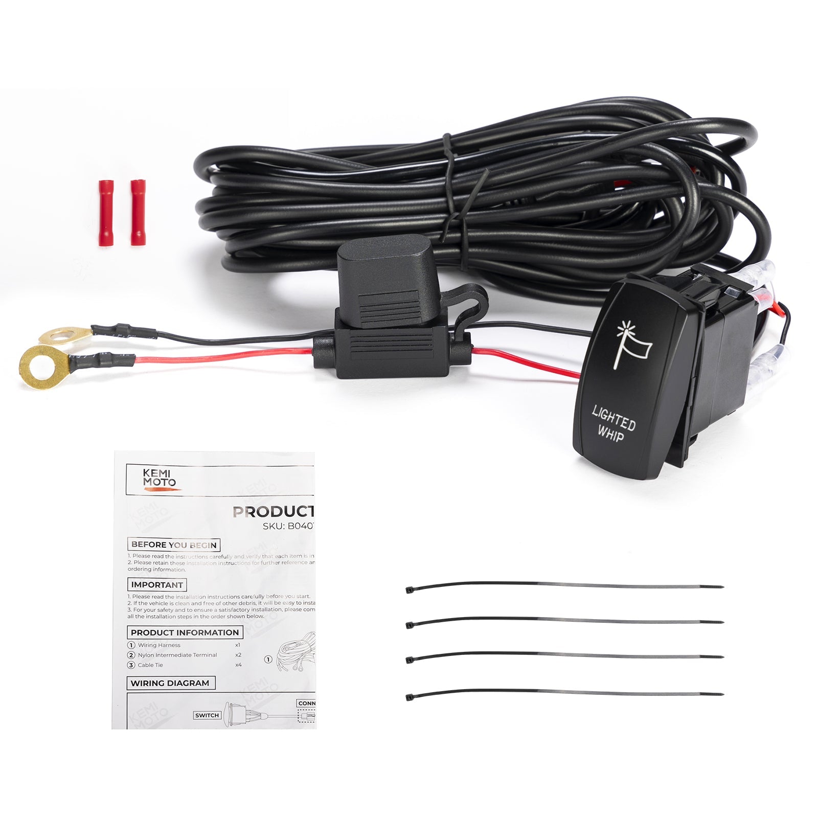 Photo of Whip Lights Rocker Switch with Wiring Harness Kit for 12V UTV ATV by Kemimoto - Premium for UTVs / Side by Sides