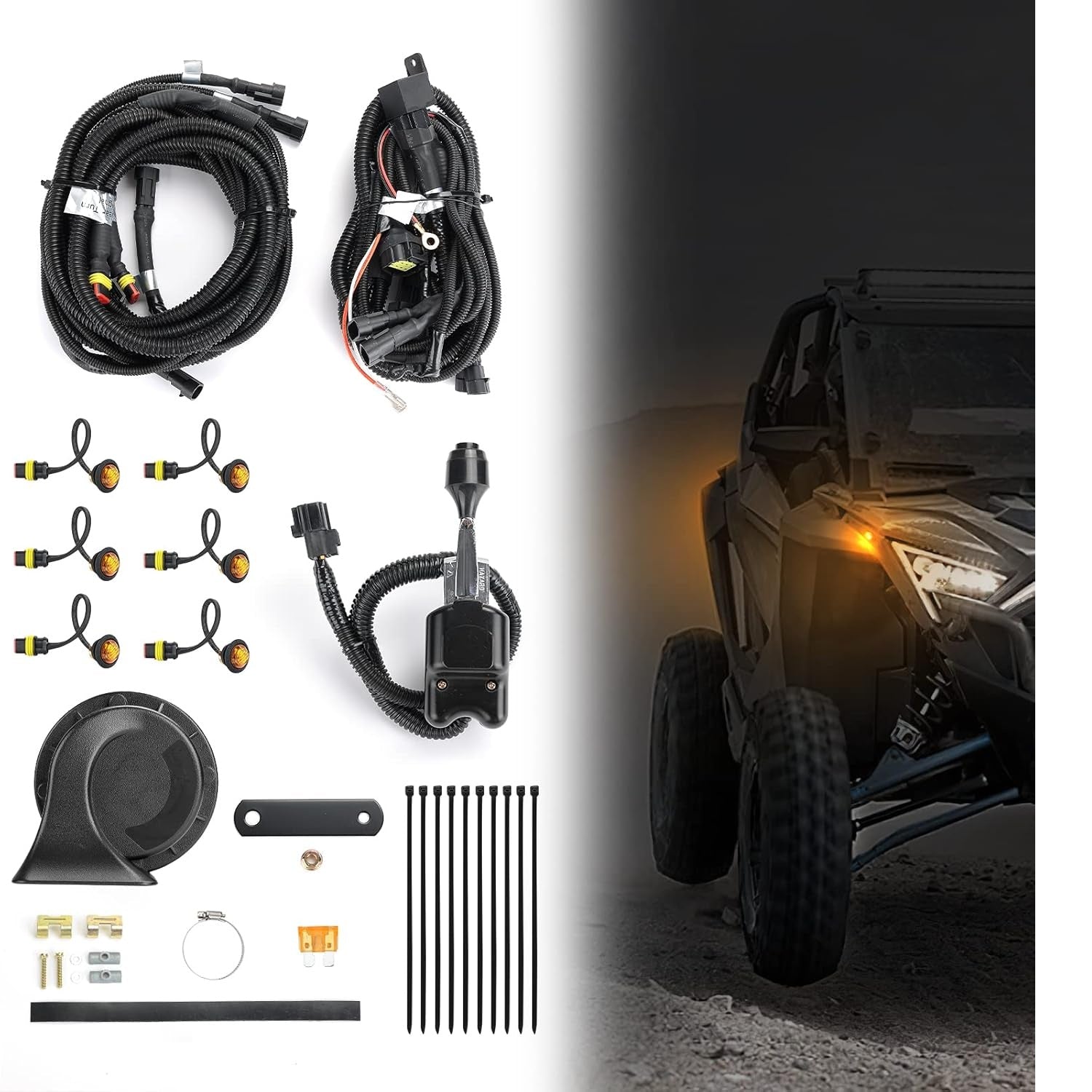 Photo of UTV Turn Signal Kit with Horn for Polaris, Can-Am, Kawasaki, Arctic Cat, CFMOTO by Kemimoto - Premium for UTVs / Side by Sides