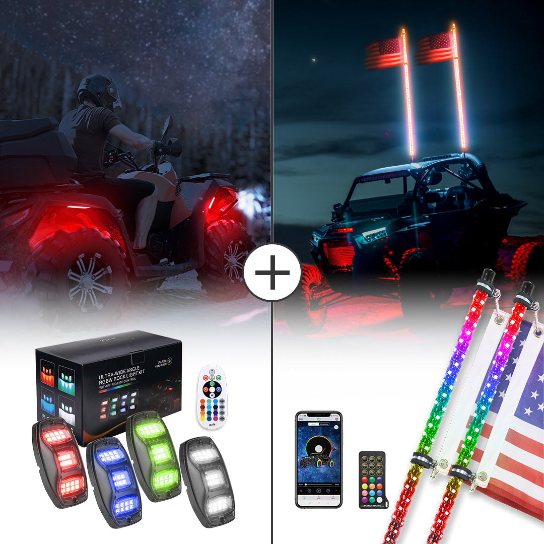 Photo of 4-8 Pods RGB Rock Light Kit & Spiral Whip Lights for UTV ATV Jeep by Kemimoto - Premium for UTVs / Side by Sides