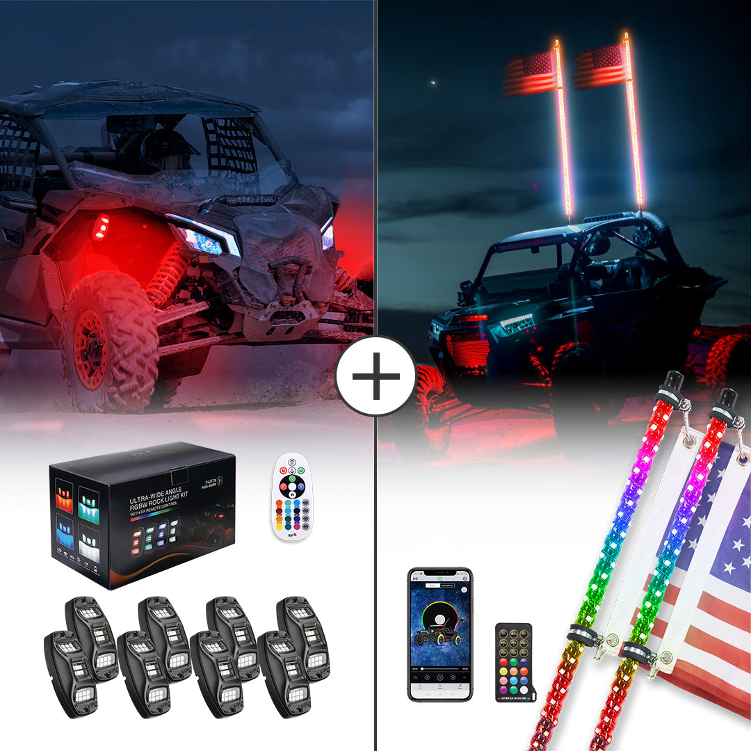 Photo of 4-8 Pods RGB Rock Light Kit & Spiral Whip Lights for UTV ATV Jeep by Kemimoto - Premium for UTVs / Side by Sides