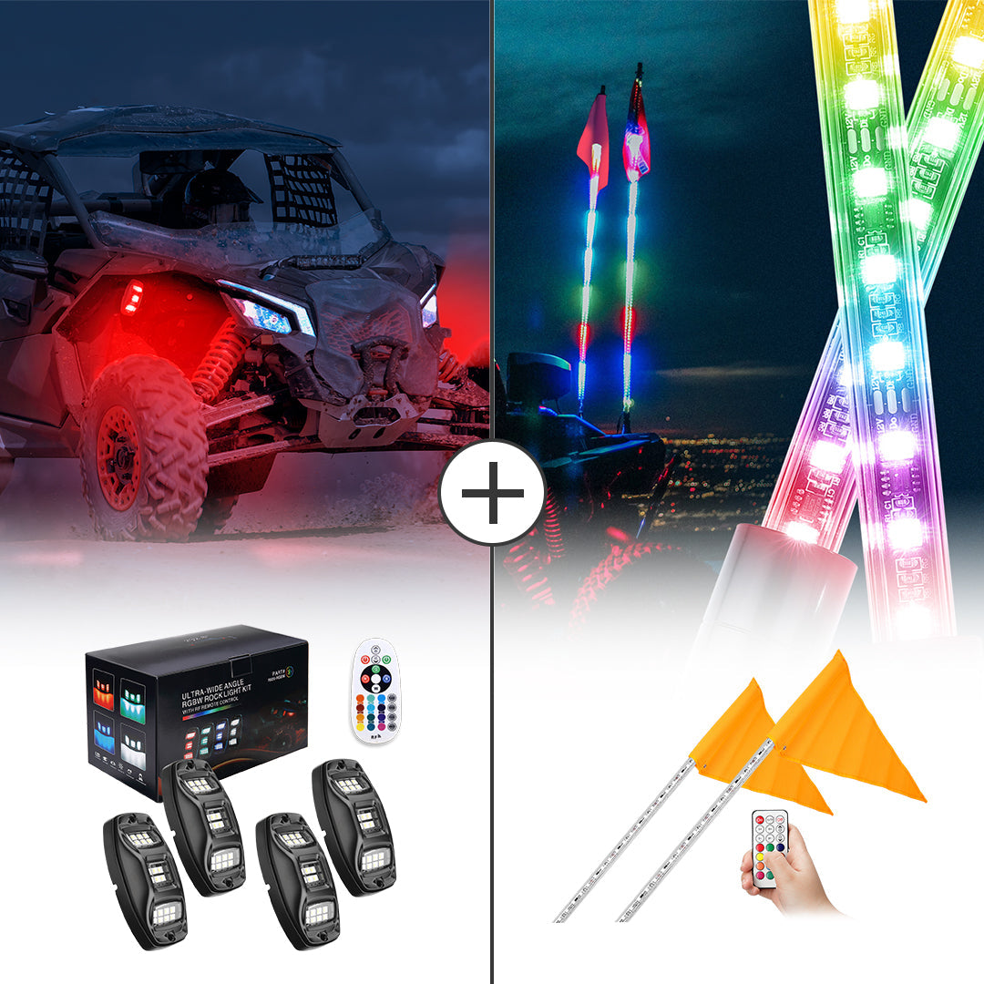 Photo of UTV 8 Pod Rock Light Kit & 5FT Whip Lights for Polaris / Can-am / Kawasaki / Honda by Kemimoto - Premium for UTVs / Side by Sides