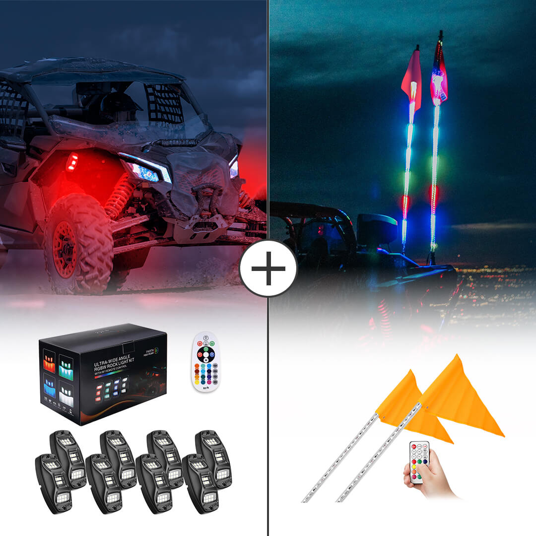 Photo of UTV 8 Pod Rock Light Kit & 5FT Whip Lights for Polaris / Can-am / Kawasaki / Honda by Kemimoto - Premium for UTVs / Side by Sides