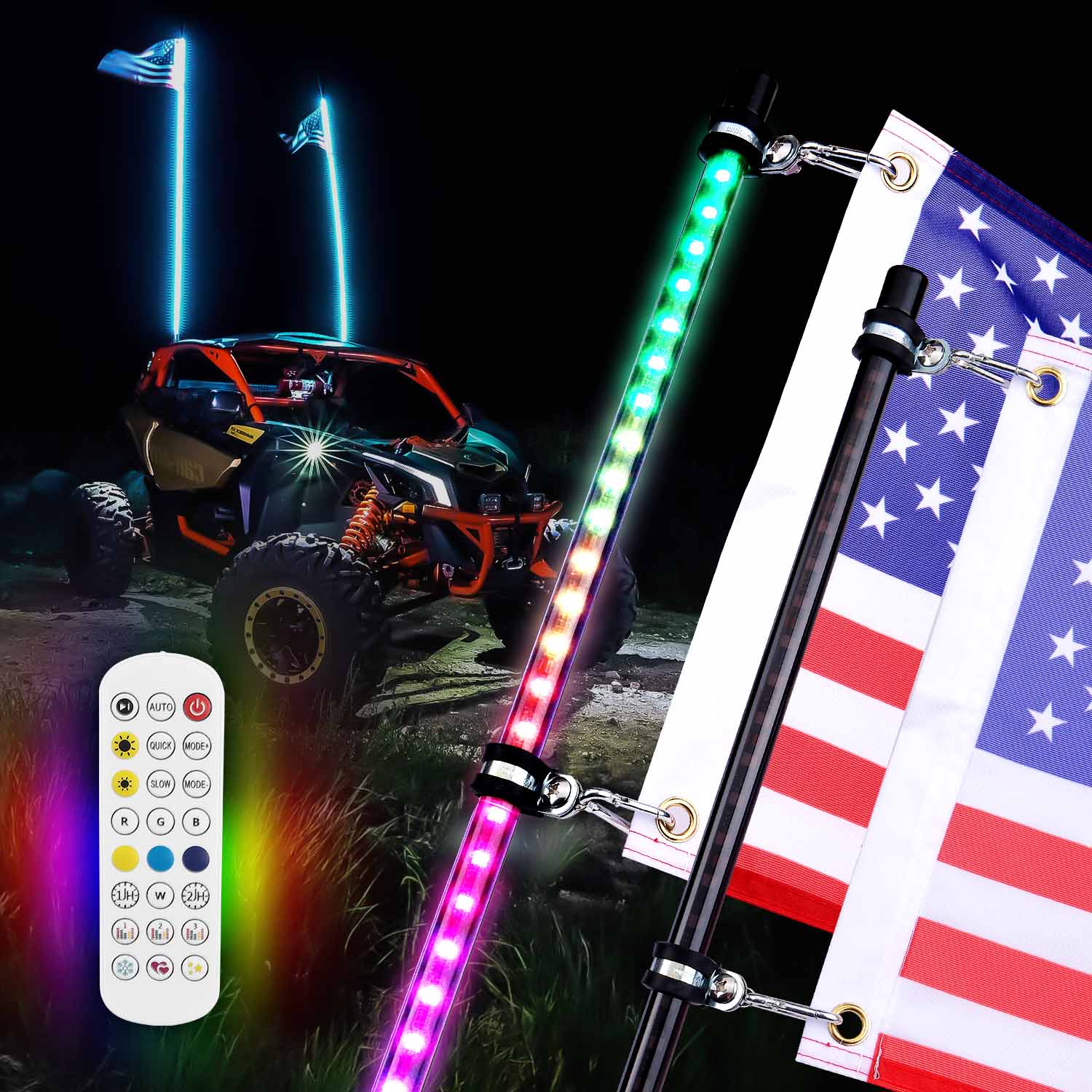 Photo of 2pcs 4FT Black Limited LED Whip Light with RF Remote Control by Kemimoto - Premium for UTVs / Side by Sides