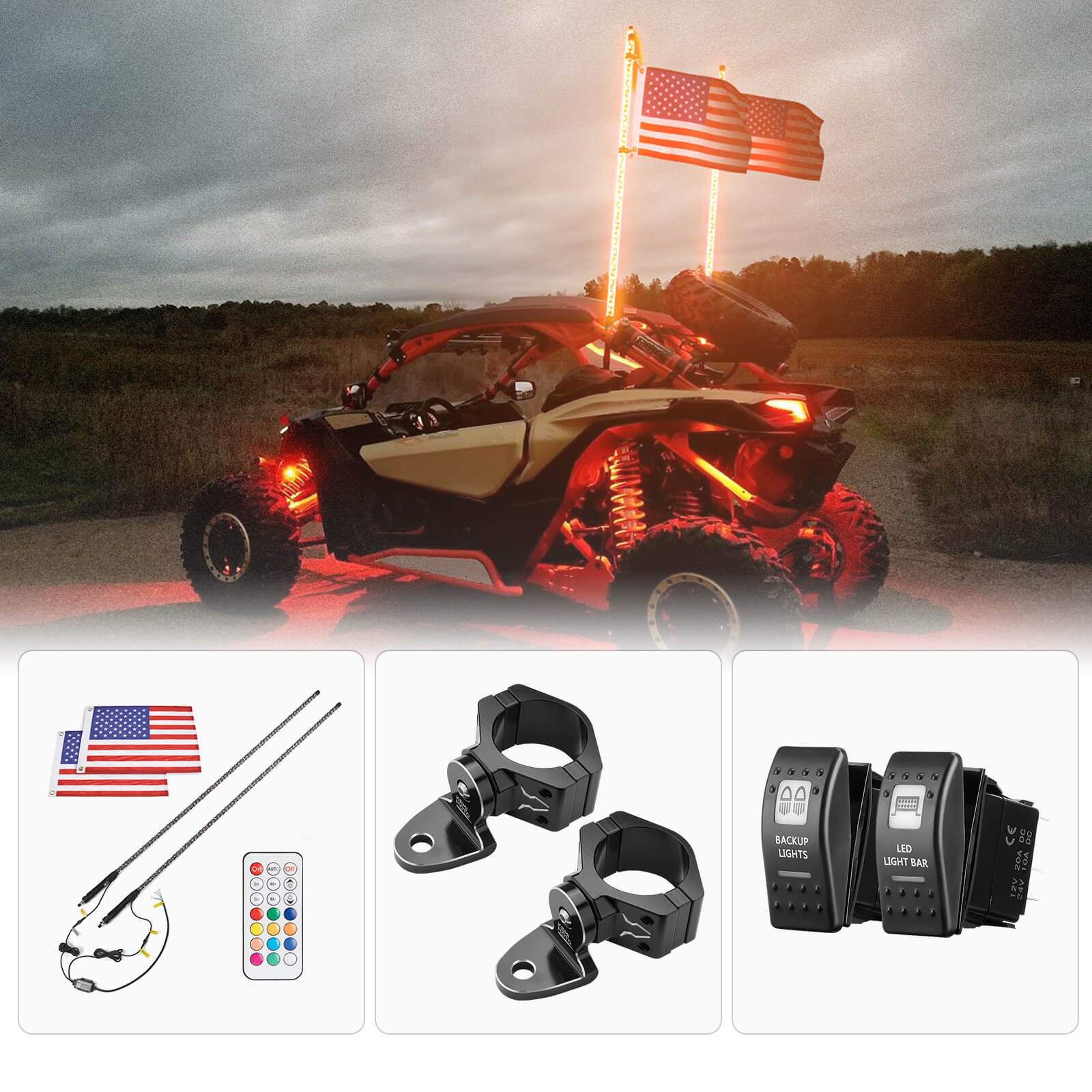 Photo of Spiral Whip Light Set, 2PCS Whip Light & Flag mount & 12V Switch On-off by Kemimoto - Premium for UTVs / Side by Sides