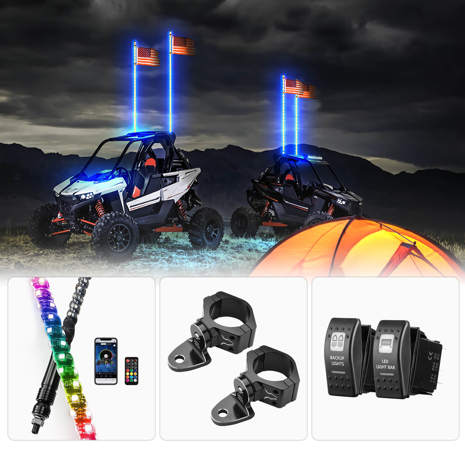 Photo of 2PCS Whip Light w/RF, APP Control & Flag mount & 12V Switch On-off by Kemimoto - Premium for UTVs / Side by Sides
