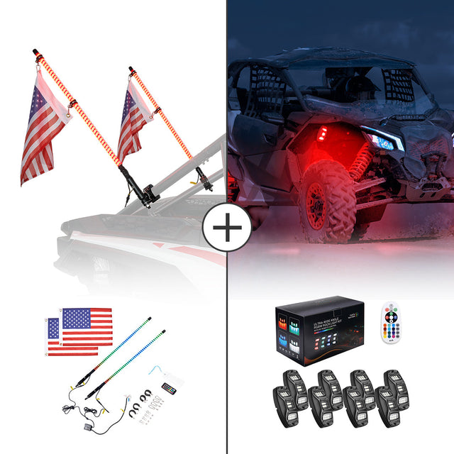 Photo of 3FT COB Whip Lights & RGB Rock Light Kit for UTV ATV Jeep by Kemimoto - Premium for UTVs / Side by Sides