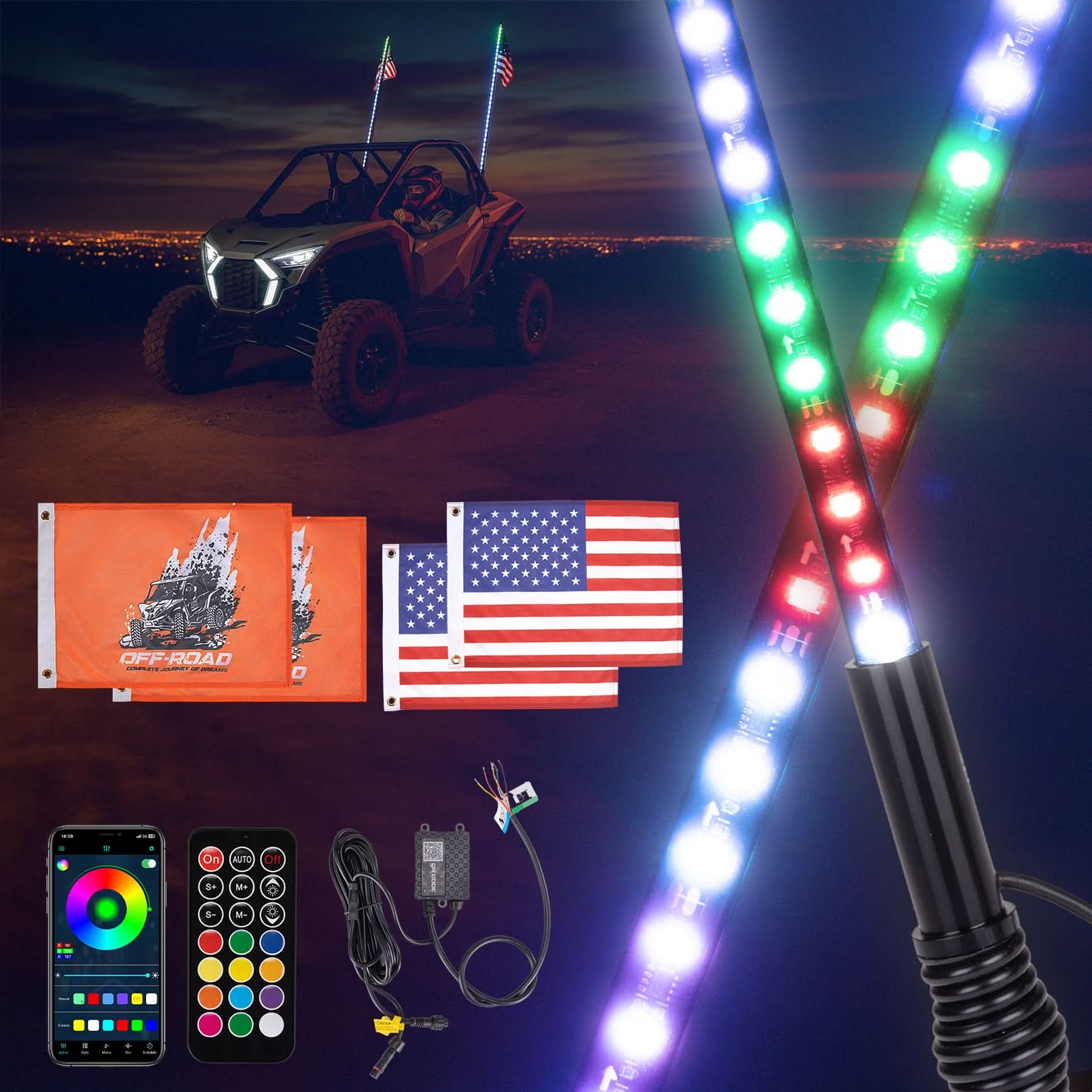 Photo of UTV LED Whip Lights 3FT (2PCS) – APP Control, Signal Sync, Spring Base – Fits Maverick X3, Polaris RZR, Talon by Kemimoto - Premium for UTVs / Side by Sides
