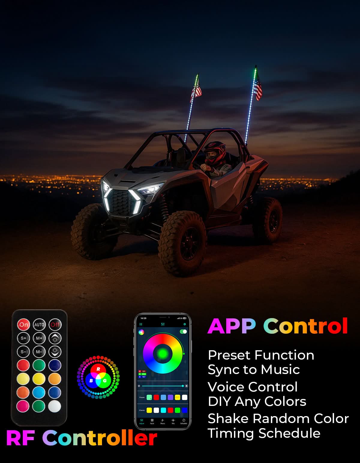 Photo of UTV LED Whip Lights 3FT (2PCS) – APP Control, Signal Sync, Spring Base – Fits Maverick X3, Polaris RZR, Talon by Kemimoto - Premium for UTVs / Side by Sides