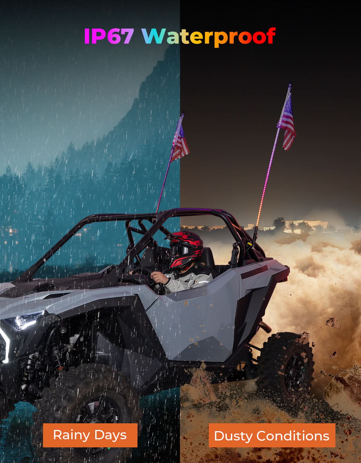 Photo of UTV LED Whip Lights 3FT (2PCS) – APP Control, Signal Sync, Spring Base – Fits Maverick X3, Polaris RZR, Talon by Kemimoto - Premium for UTVs / Side by Sides