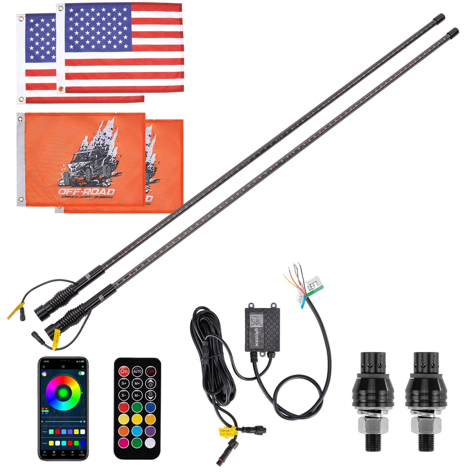 Photo of LED Whip Lights (2PCS) – APP Controlled with Turn/Brake/Reverse Signal Sync, Spring Mount – For UTV/ATV by Kemimoto - Premium for UTVs / Side by Sides