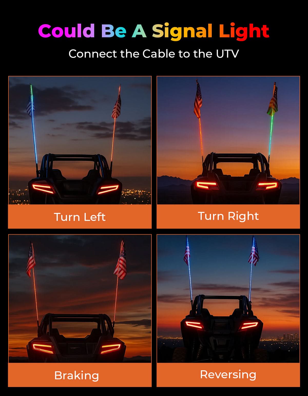 Photo of LED Whip Lights (2PCS) – APP Controlled with Turn/Brake/Reverse Signal Sync, Spring Mount – For UTV/ATV by Kemimoto - Premium for UTVs / Side by Sides