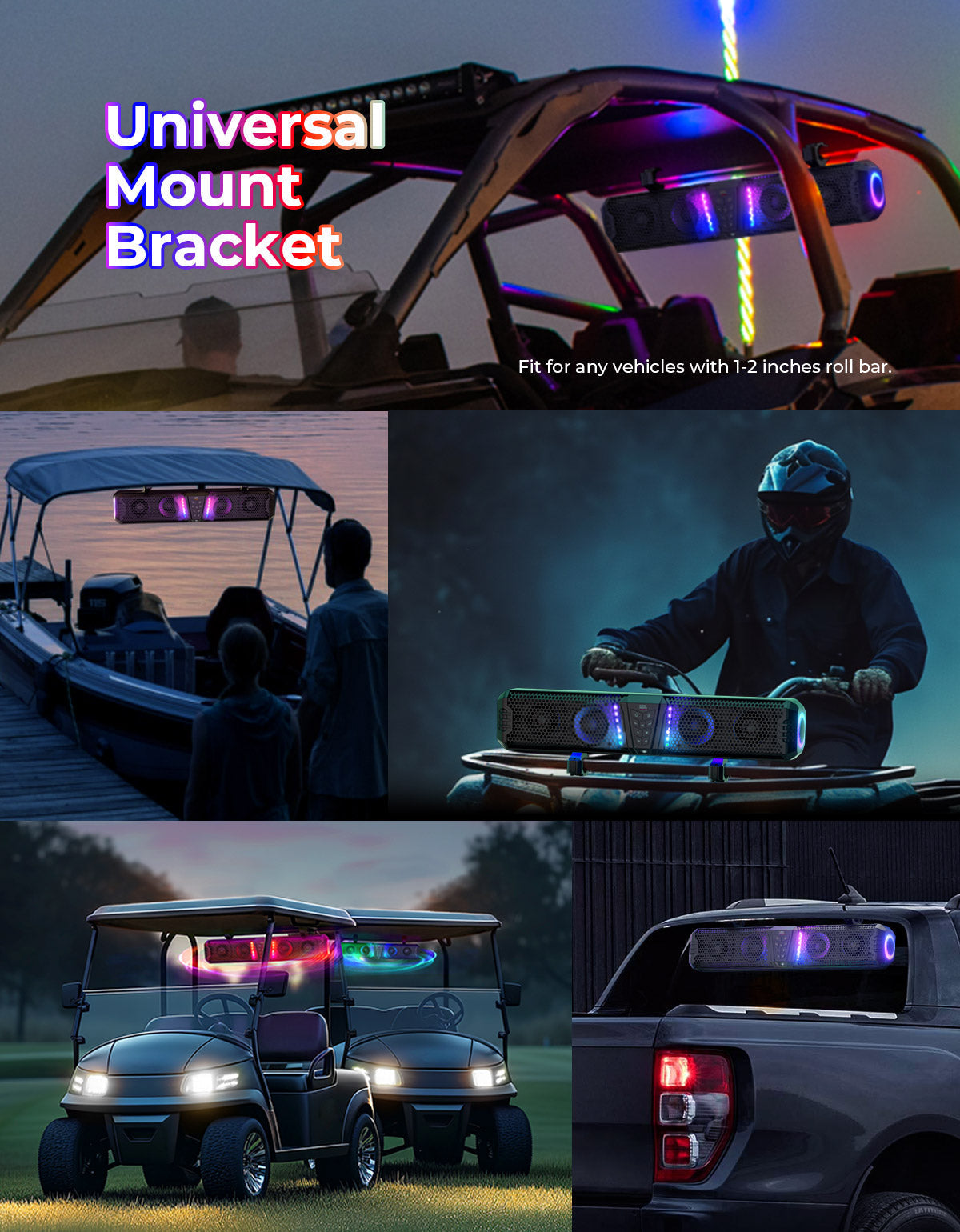 Photo of KEMIMOTO Midnight Sound Bar for Golf Carts with 1”-2” Roll Bar by Kemimoto - Premium for UTVs / Side by Sides