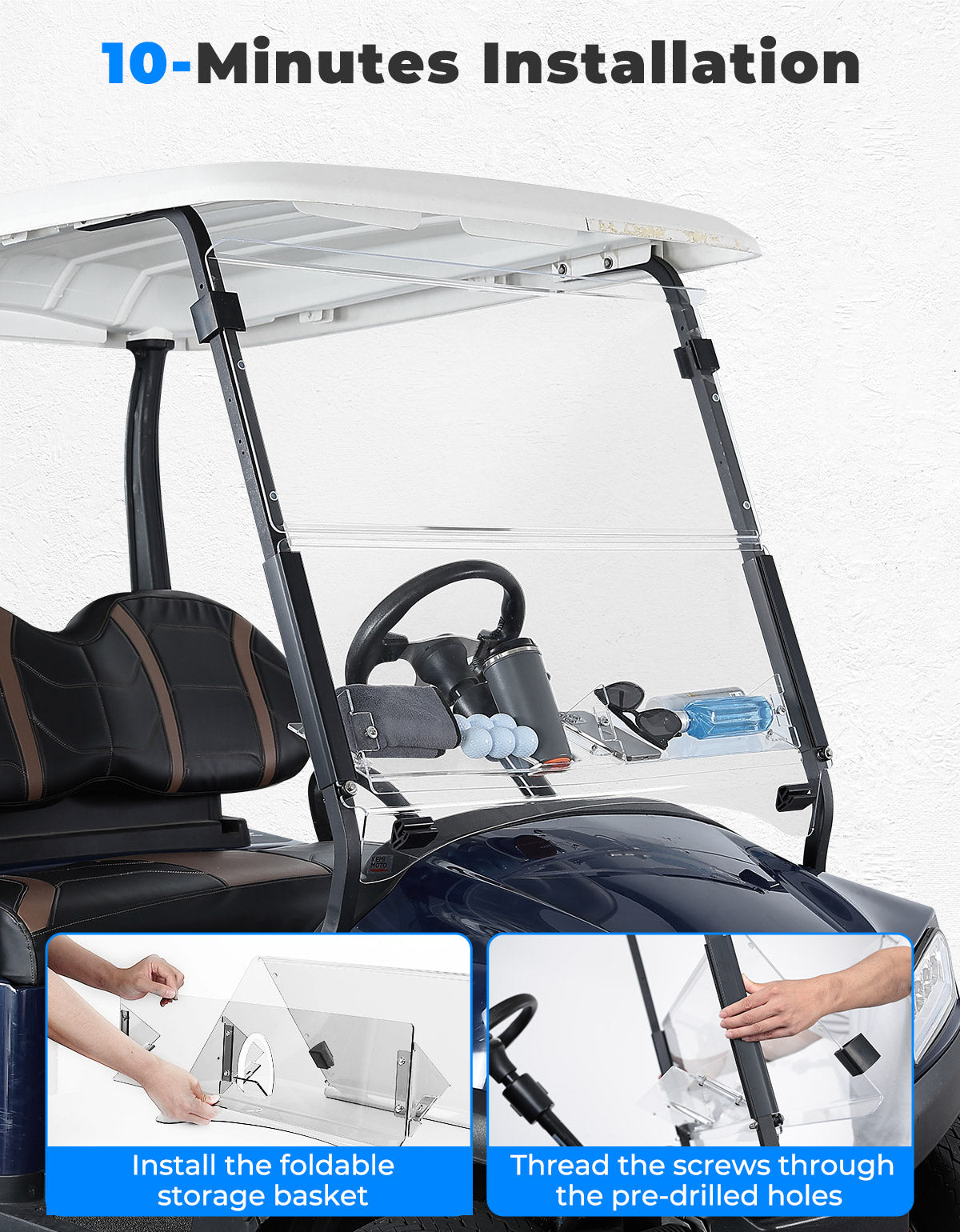 Photo of Kemimoto Foldable Golf Cart Windshield with Storage Basket for Club Car Precedent (2004+) by Kemimoto - Premium for UTVs / Side by Sides