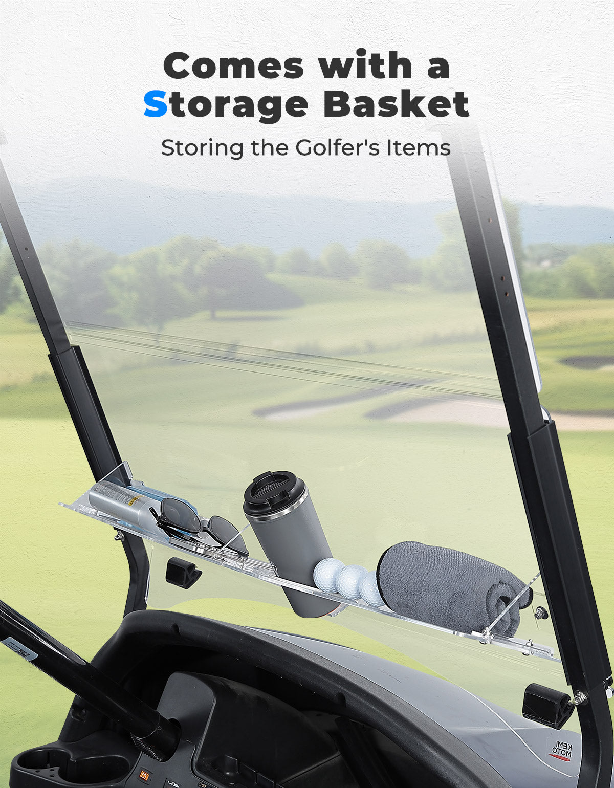 Photo of Kemimoto Foldable Golf Cart Windshield with Storage Basket for Club Car Precedent (2004+) by Kemimoto - Premium for UTVs / Side by Sides