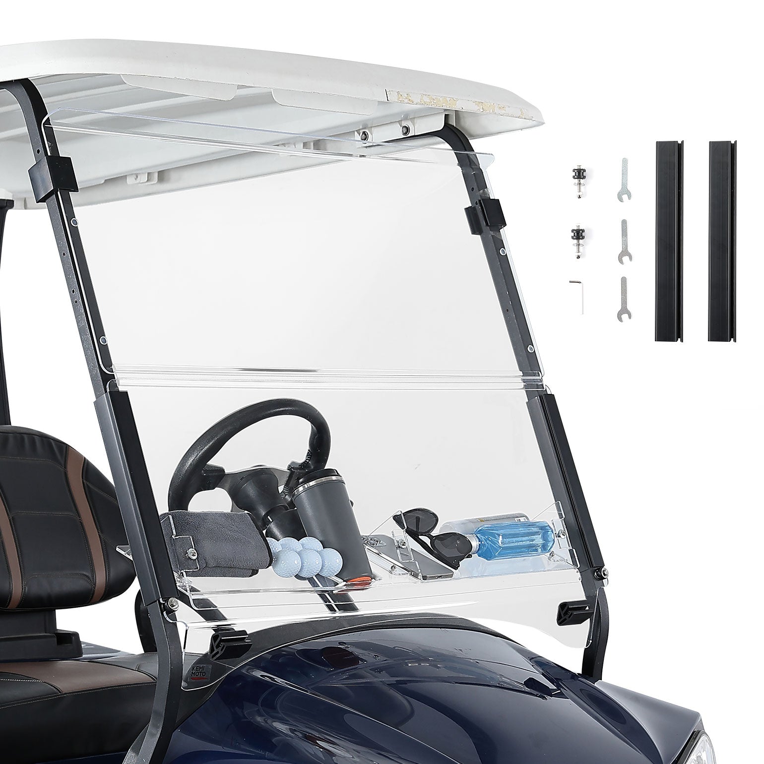 Photo of Kemimoto Foldable Golf Cart Windshield with Storage Basket for Club Car Precedent (2004+) by Kemimoto - Premium for UTVs / Side by Sides