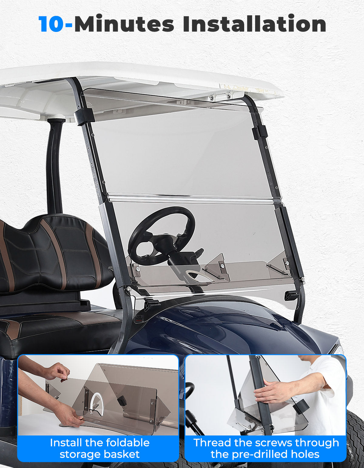 Photo of Tinted Foldable Windshield W/ Storage Basket for Club Car Precedent by Kemimoto - Premium for UTVs / Side by Sides
