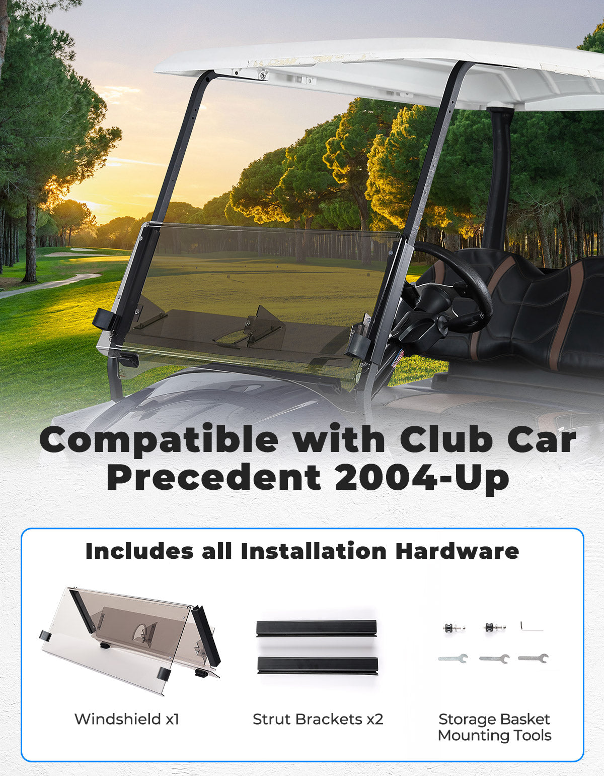 Photo of Tinted Foldable Windshield W/ Storage Basket for Club Car Precedent by Kemimoto - Premium for UTVs / Side by Sides