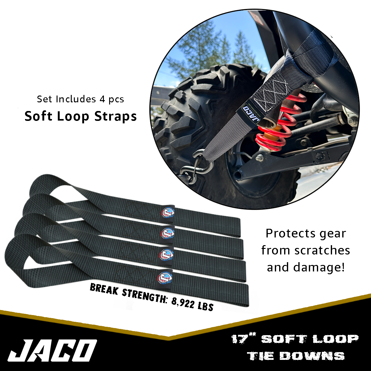 Photo of Heavy Duty Ratchet Tie Down Straps with Soft Loops (1.6" x 8 ft) | AAR Certified Break Strength (5,208 lbs) by JACO - Premium Tie Downs for UTVs / Side by Sides