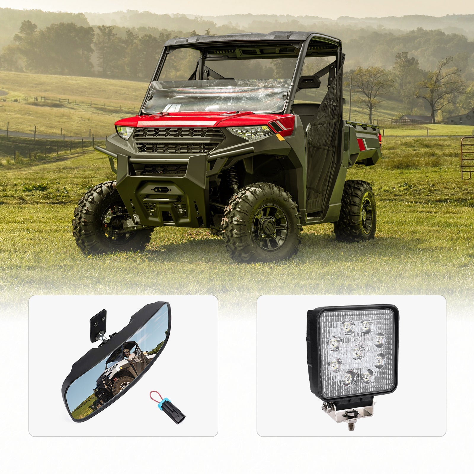 Photo of Rear View Mirror & 40MM Wafer Light for Polaris Ranger XP 1000 2018-2024 by Kemimoto - Premium for UTVs / Side by Sides