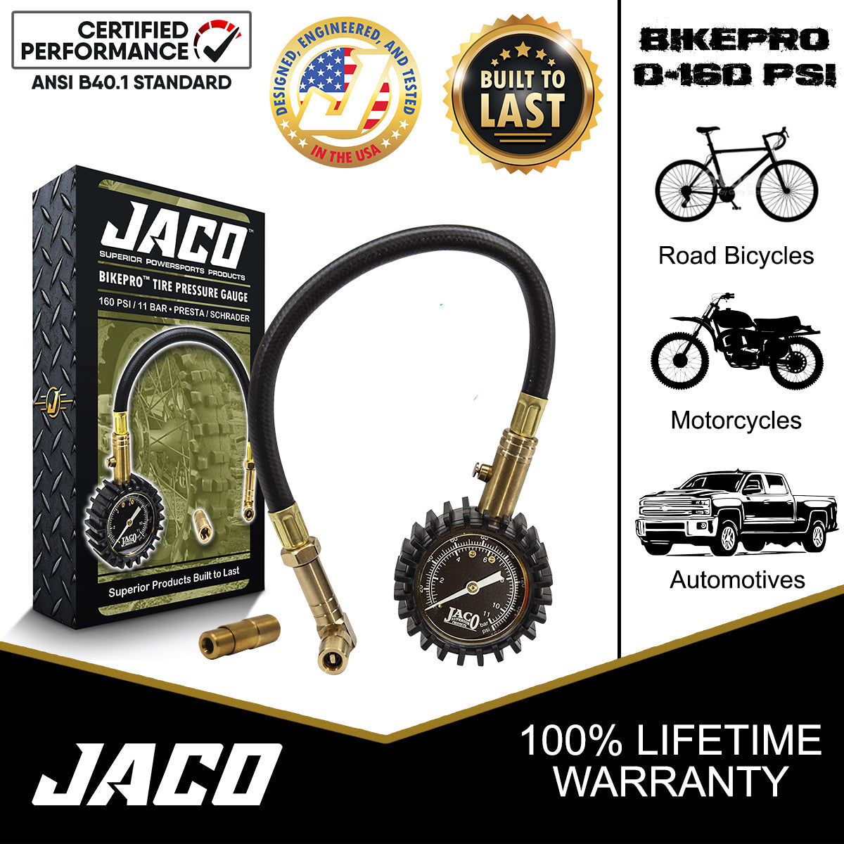 Photo of BikePro™ Presta Tire Pressure Gauge - 160 PSI | Presta & Schrader (Hybrid/Road Bikes) by JACO - Premium Presta Tire Gauge for UTVs / Side by Sides