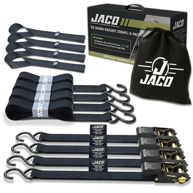 Photo of Tie Down Ratchet Straps (4 Pack) - 1 in x 15 ft | AAR Certified Break Strength (1,823 lbs) | Cargo Tie Down Set by JACO - Premium Tie Downs for UTVs / Side by Sides