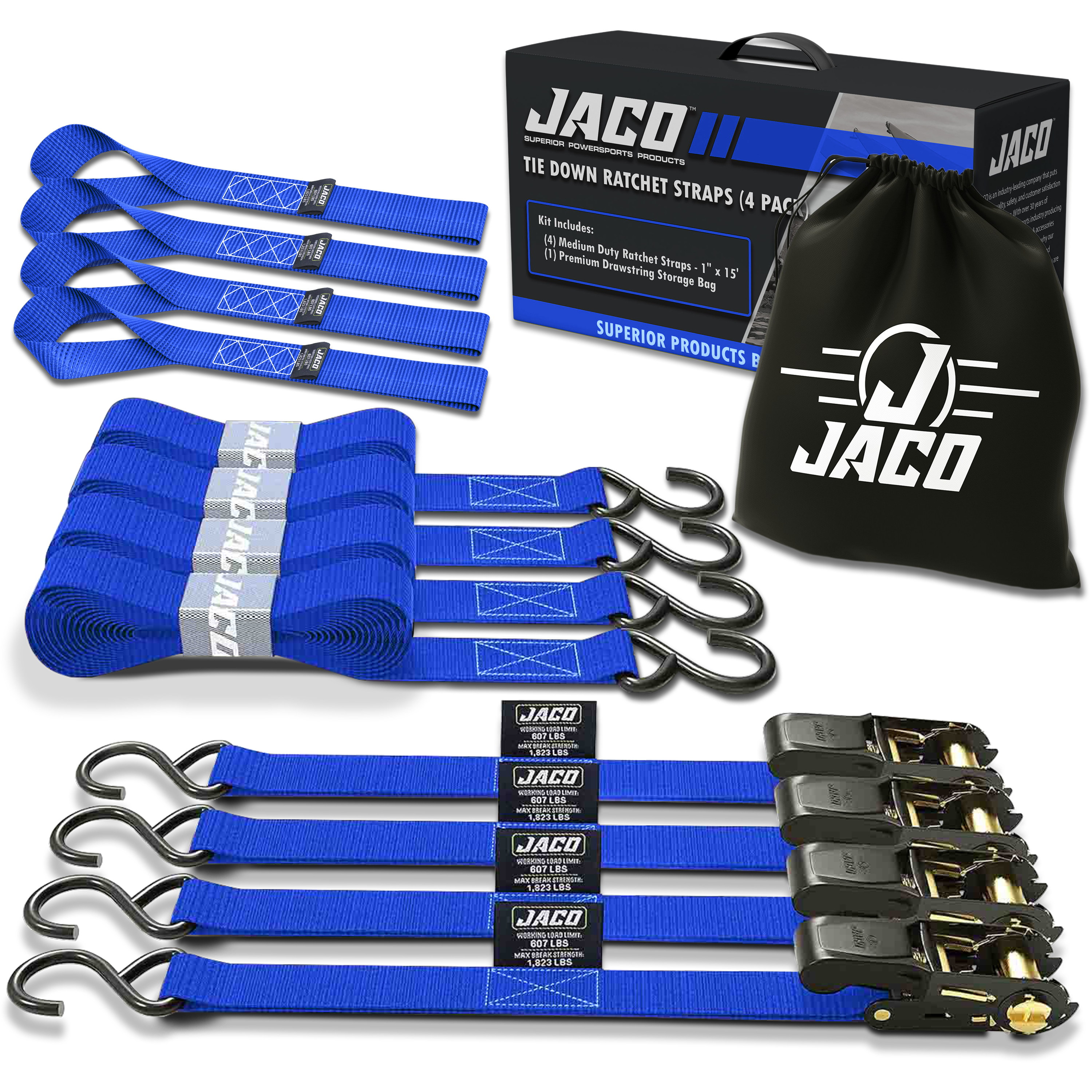 Photo of Tie Down Ratchet Straps (4 Pack) - 1 in x 15 ft | AAR Certified Break Strength (1,823 lbs) | Cargo Tie Down Set by JACO - Premium Tie Downs for UTVs / Side by Sides