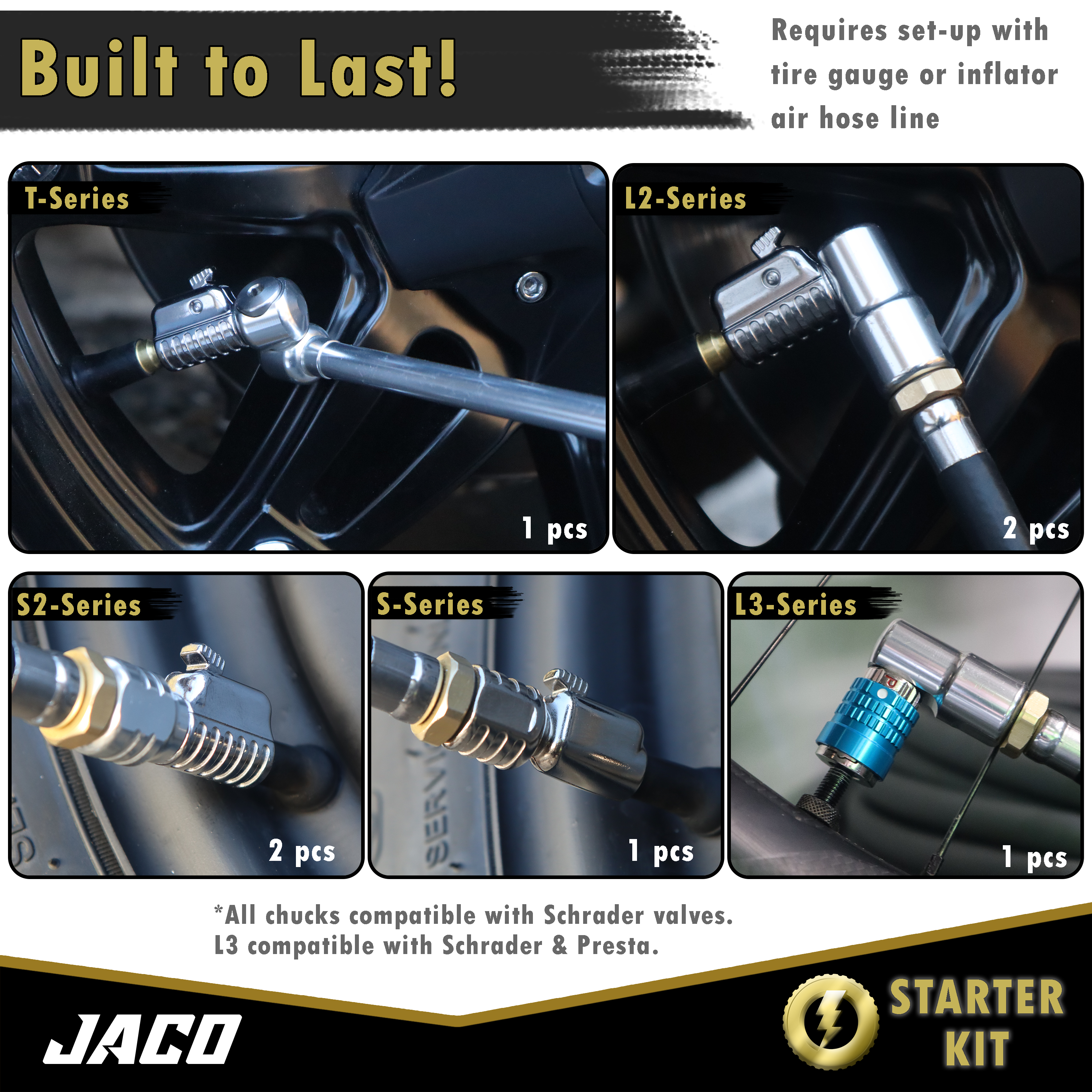 Photo of Lightning™ Tire Air Chuck Starter Kit - Patented | Open Flow, 1/4" F-NPT (Set of 7) by JACO - Premium Tire Accessories for UTVs / Side by Sides