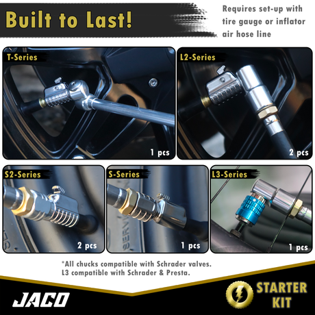 Photo of Lightning™ Tire Air Chuck Starter Kit - Patented | Open Flow, 1/4" F-NPT (Set of 7) by JACO - Premium Air Chuck Kit for UTVs / Side by Sides