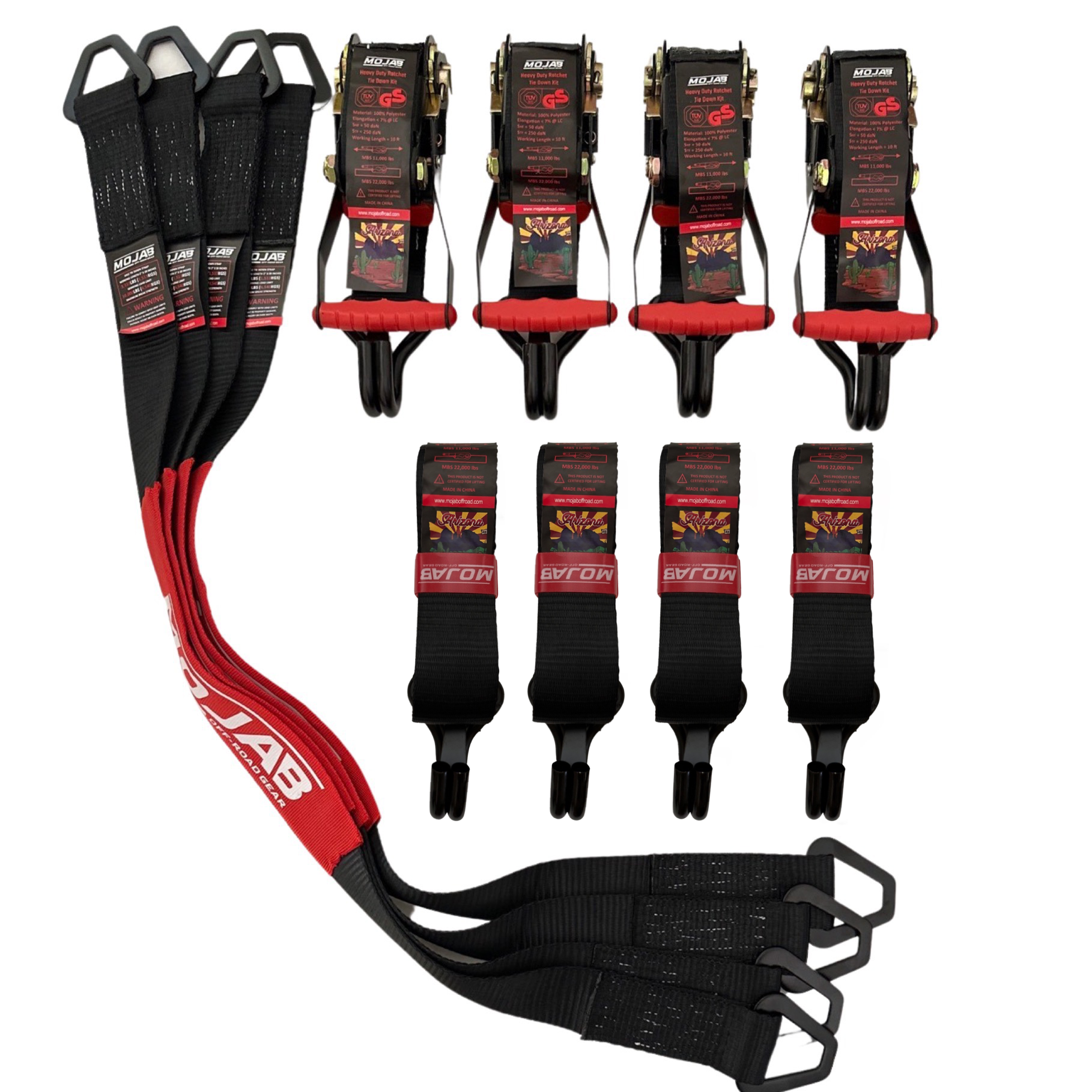 Photo of 2" x 10' Ratchet Tie-Down (Closed hook) and 2'' x 39'' Axle Tie-Down Set (Pack of 4) (Lifetime Warranty) by MOJAB OFFROAD - Premium for UTVs / Side by Sides