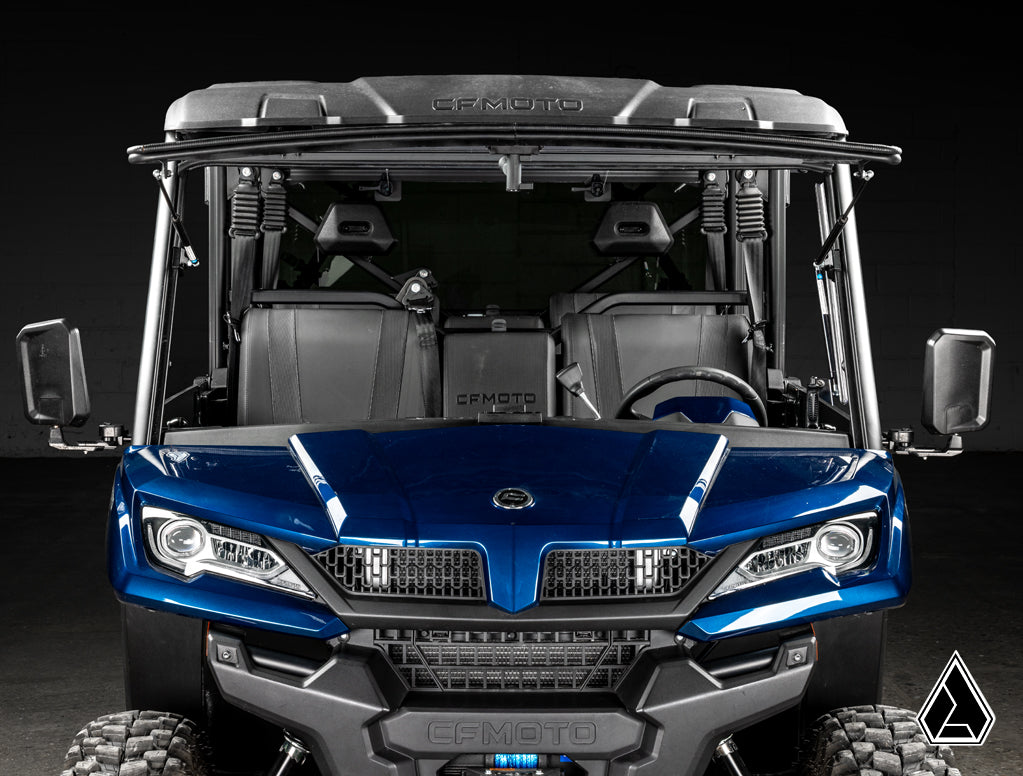2019+ CFMOTO UForce 1000 Flip Windshield three-quarter view with windshield closed — Assault Industries