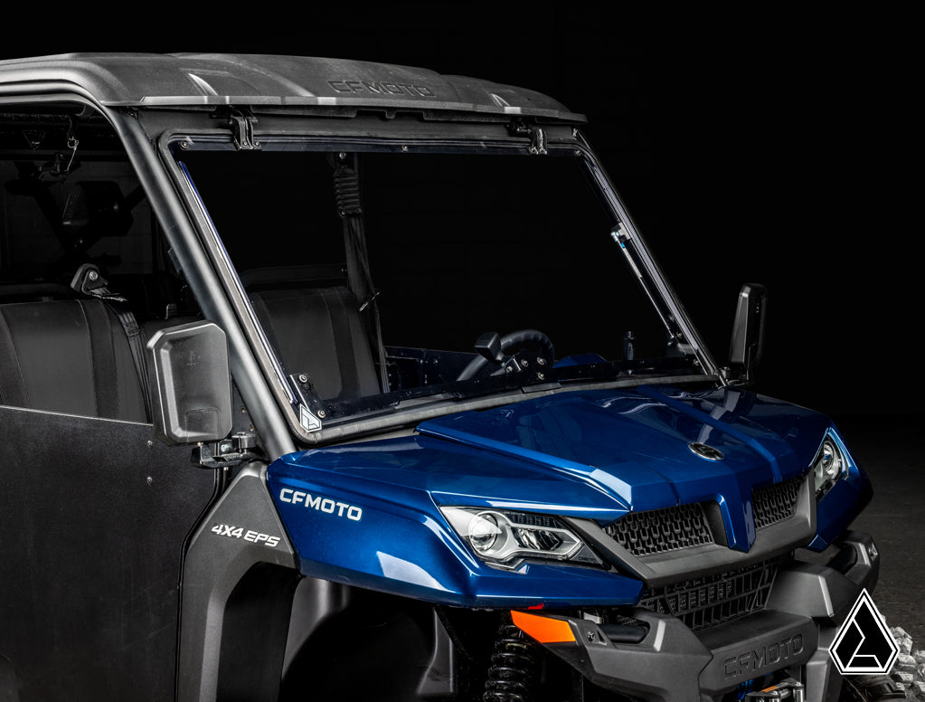 2019+ CFMOTO UForce 1000 Flip Windshield three-quarter view with windshield open — Assault Industries