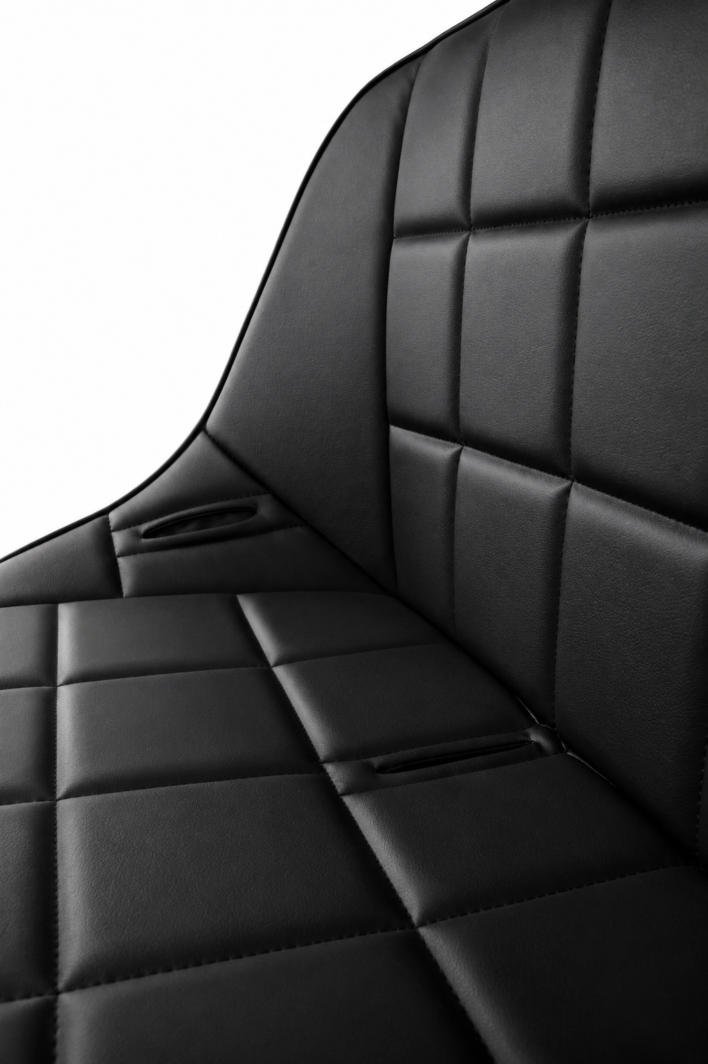 Close-up of the black vinyl 48-inch Baja bench seat and harness opening