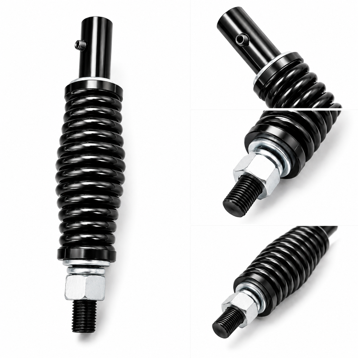 Black Heavy Duty Whip Spring Mount shown from multiple angles on a white background, featuring a black ribbed spring, silver metal end caps, and a silver hex nut.