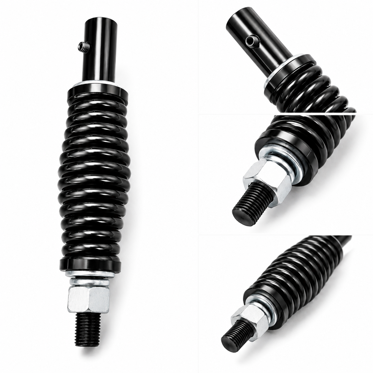 Black Heavy Duty Whip Spring Mount shown from multiple angles on a white background, featuring a black ribbed spring, silver metal end caps, and a silver hex nut.