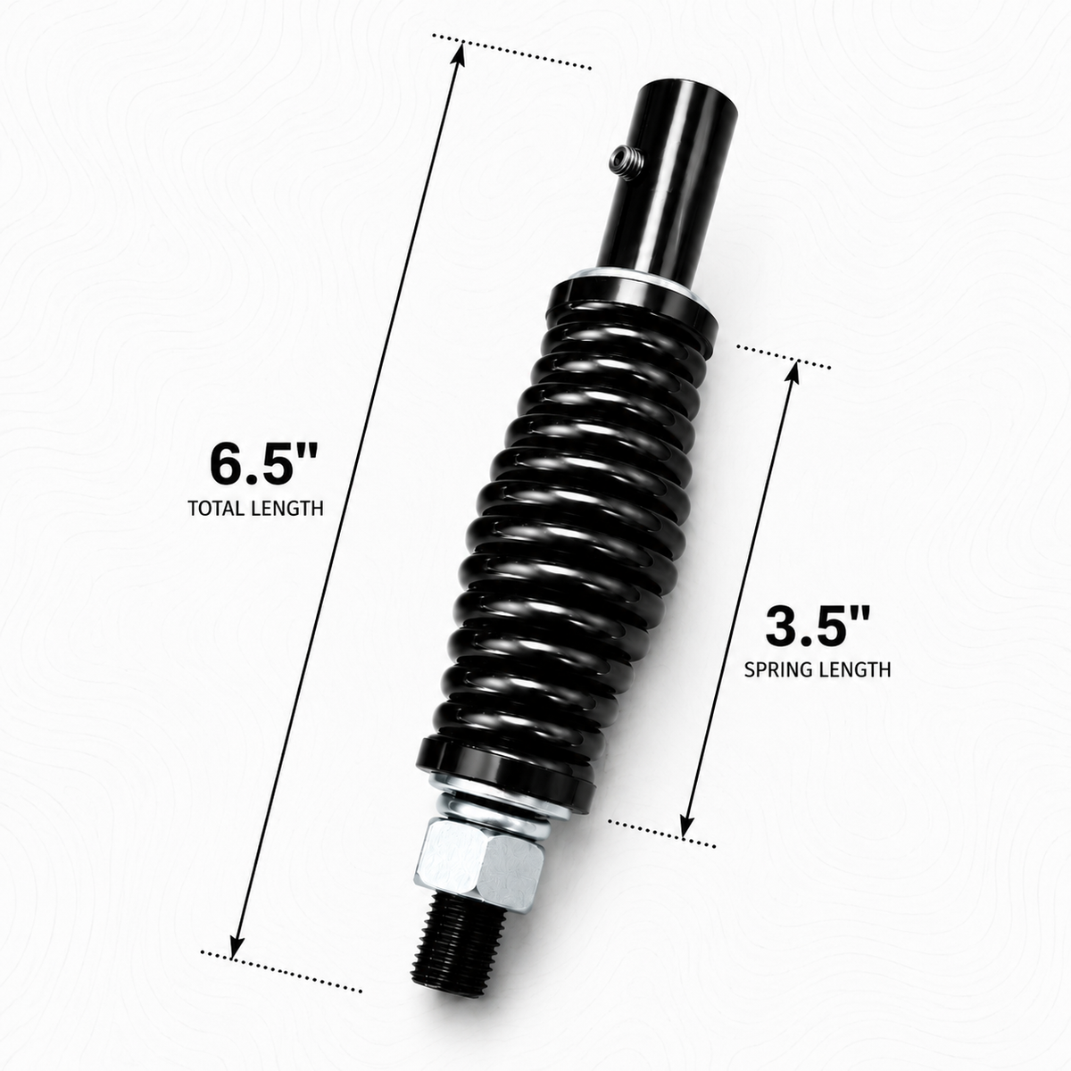 A black Heavy Duty Whip Spring Mount with silver metal hardware, shown on a white background with dimension lines and text indicating a total length of 6.5 inches and a spring length of 3.