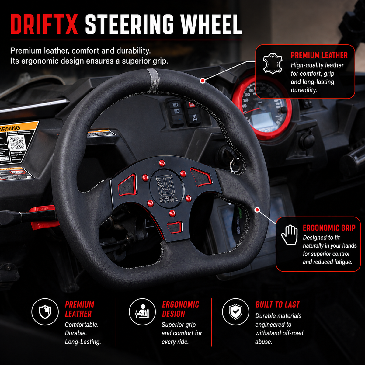 UTVMA DriftX UTV Leather Steering Wheel with Hub – Premium Grip, Universal Fit