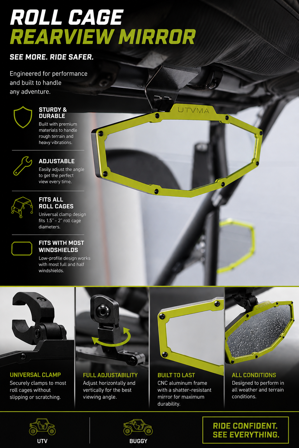 Adjustable UTV Rearview Mirror