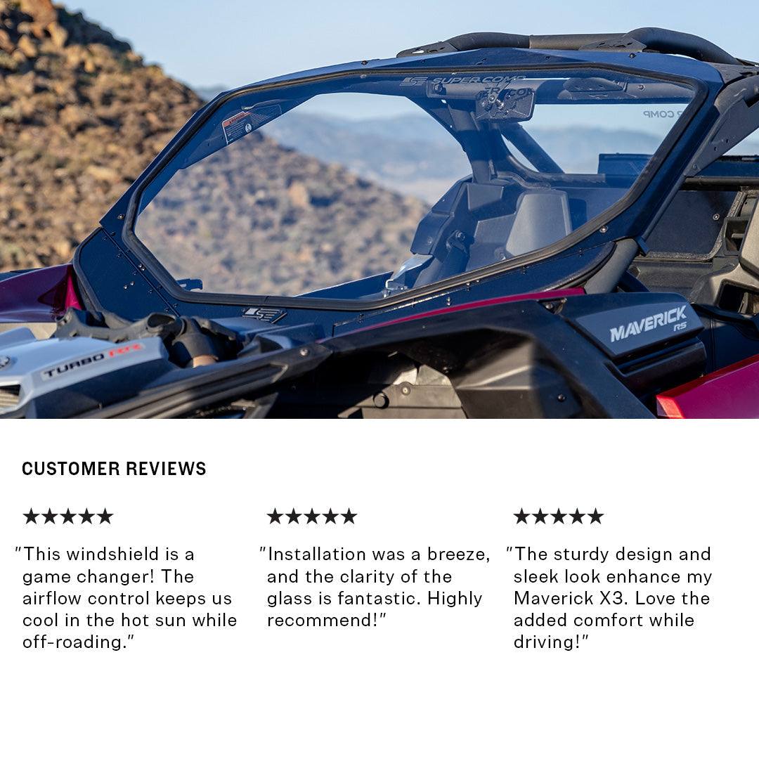 Photo of Can-Am Maverick X3 Glass Front Windshield - DOT Approved, Adjustable Vents (2018-2025) by Super Comp - Premium Windshields for UTVs / Side by Sides